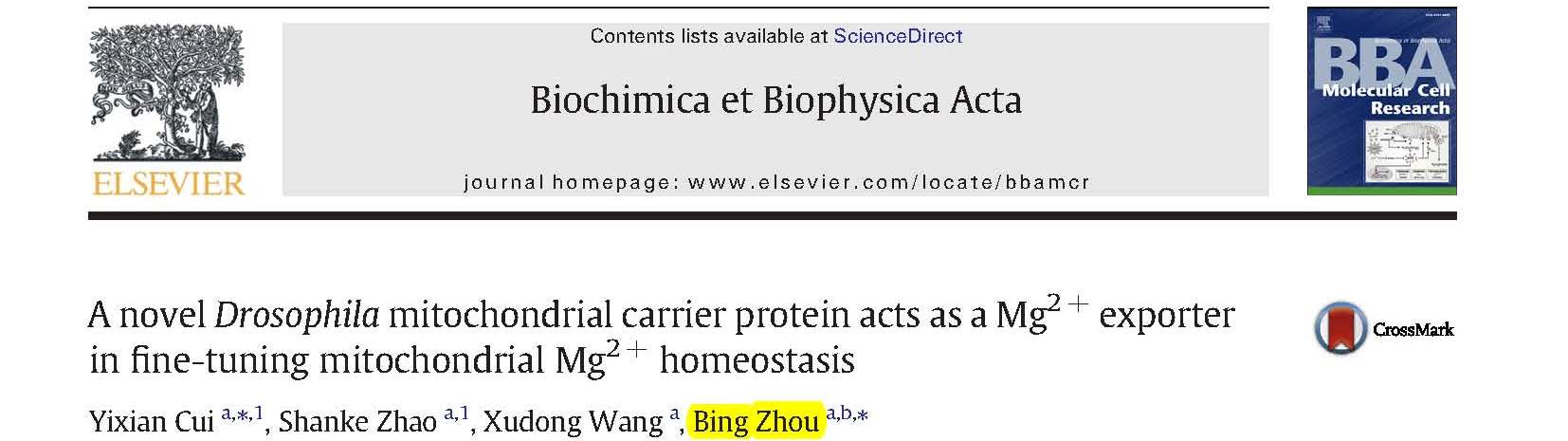 Zhou B and et al.	A novel Drosophila mitochondrial carrier protein acts as a Mg(2+) exporter in fine-tuning mitochondrial Mg(2+) homeostasis.
