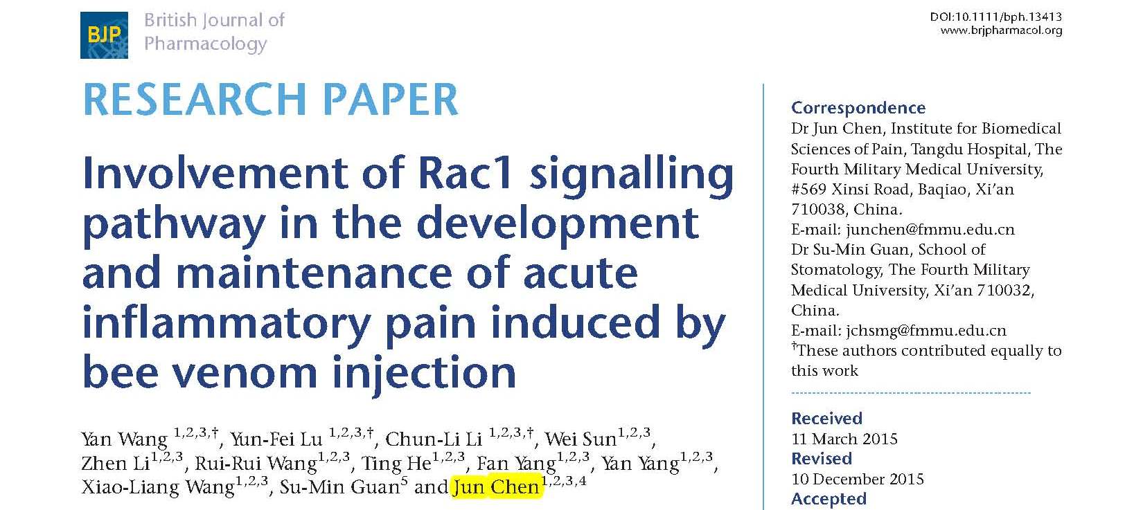 Chen J and et al.	Involvement of Rac1 signaling pathway in the development and maintenance of acute inflammatory pain induced by bee venom injection	