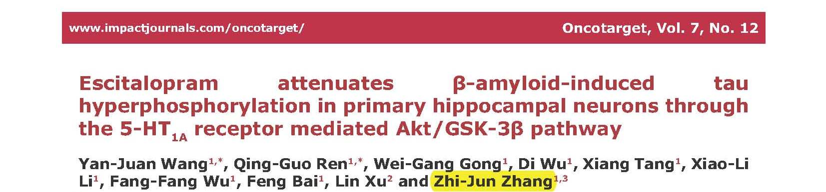 Zhang ZJ and et al.	Escitalopram attenuates β-amyloid-induced tau hyperphosphorylation in primary hippocampal neurons through the 5-HT1A receptor mediated Akt/GSK-3β pathway.	