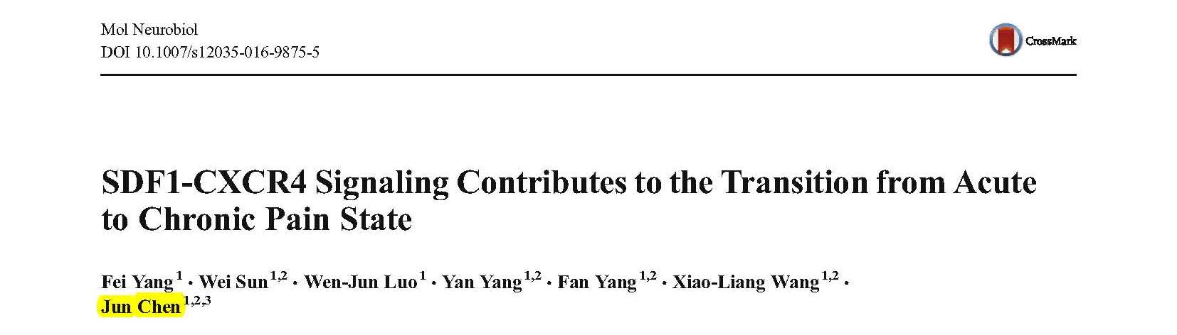 Chen J and et al.	SDF1-CXCR4 Signaling Contributes to the Transition from Acute to Chronic Pain State.	
