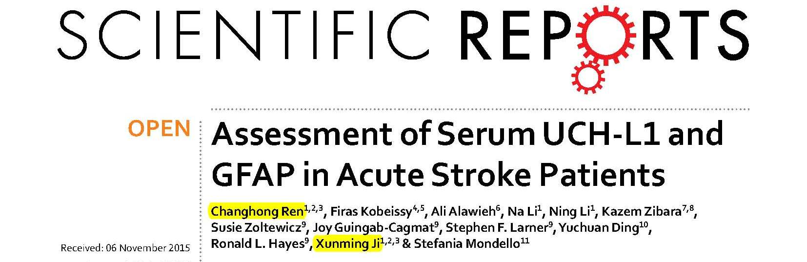 Ren CH, Ji XM and et al.	Assessment of Serum UCH-L1 and GFAP in Acute Stroke Patients.	
