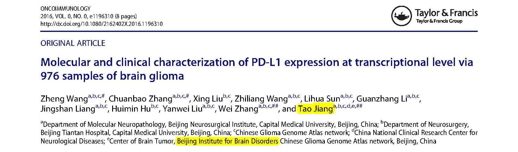 Jiang T and et al.	Molecular and clinical characterization of PD-L1 expression at transcriptional level via 976 samples of brain glioma.	
