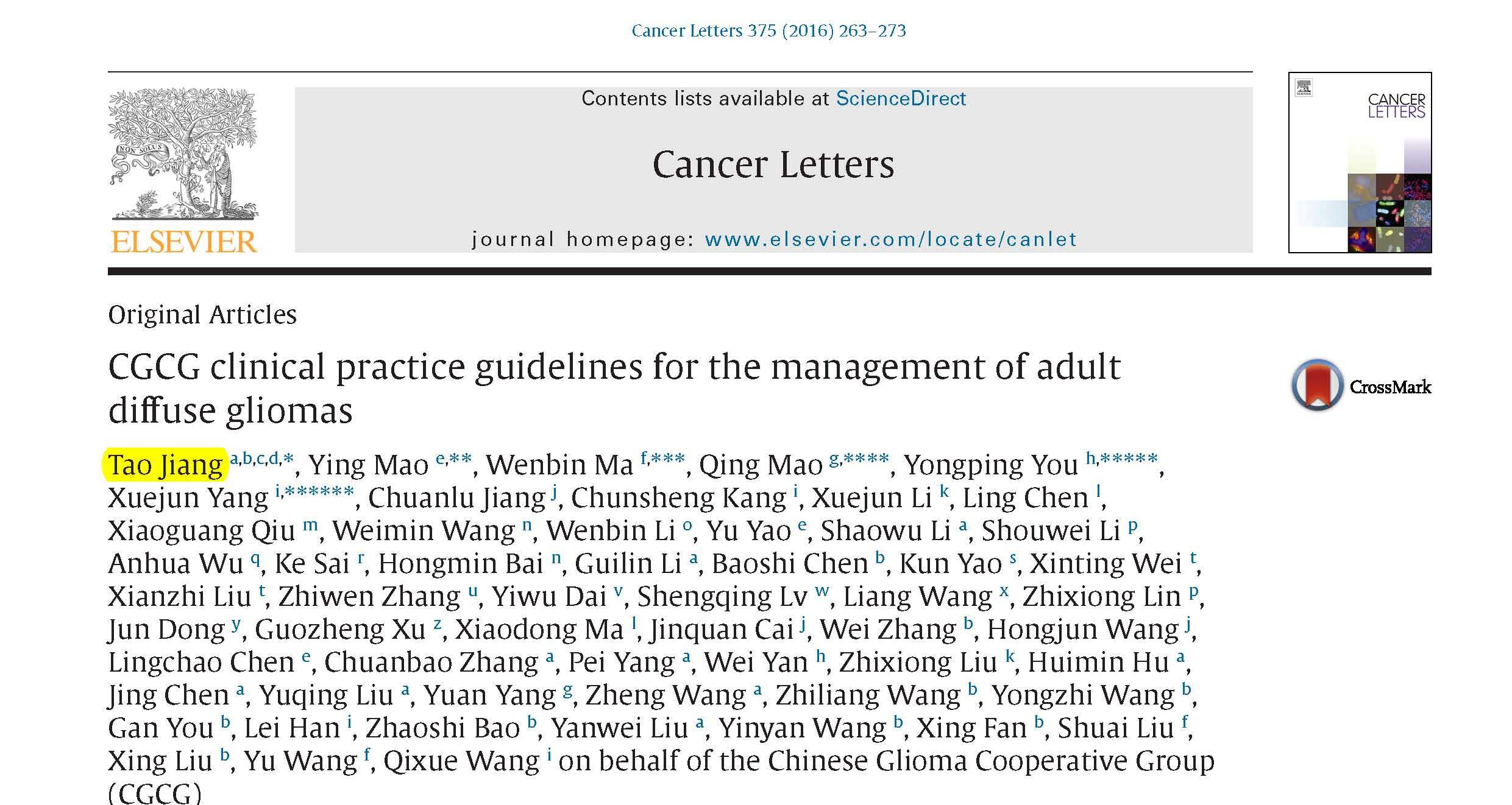 Jiang T and et al.	CGCG clinical practice guidelines for the management of adult diffuse gliomas.	