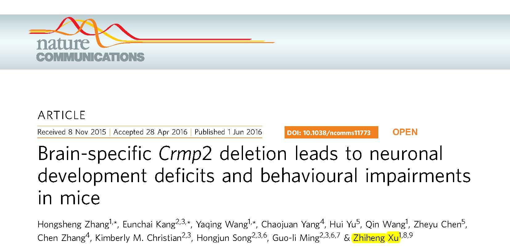 Xu ZH and et al.	Brain-specific Crmp2 deletion leads to neuronal development deficits and behavioural impairments in mice.	
