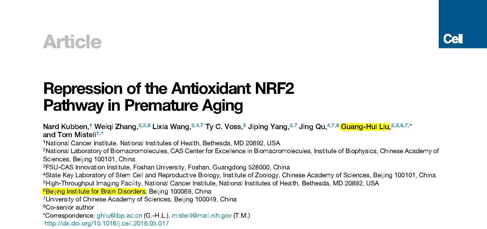 Liu GH and et al.	Repression of the Antioxidant NRF2 Pathway in Premature Aging.	
