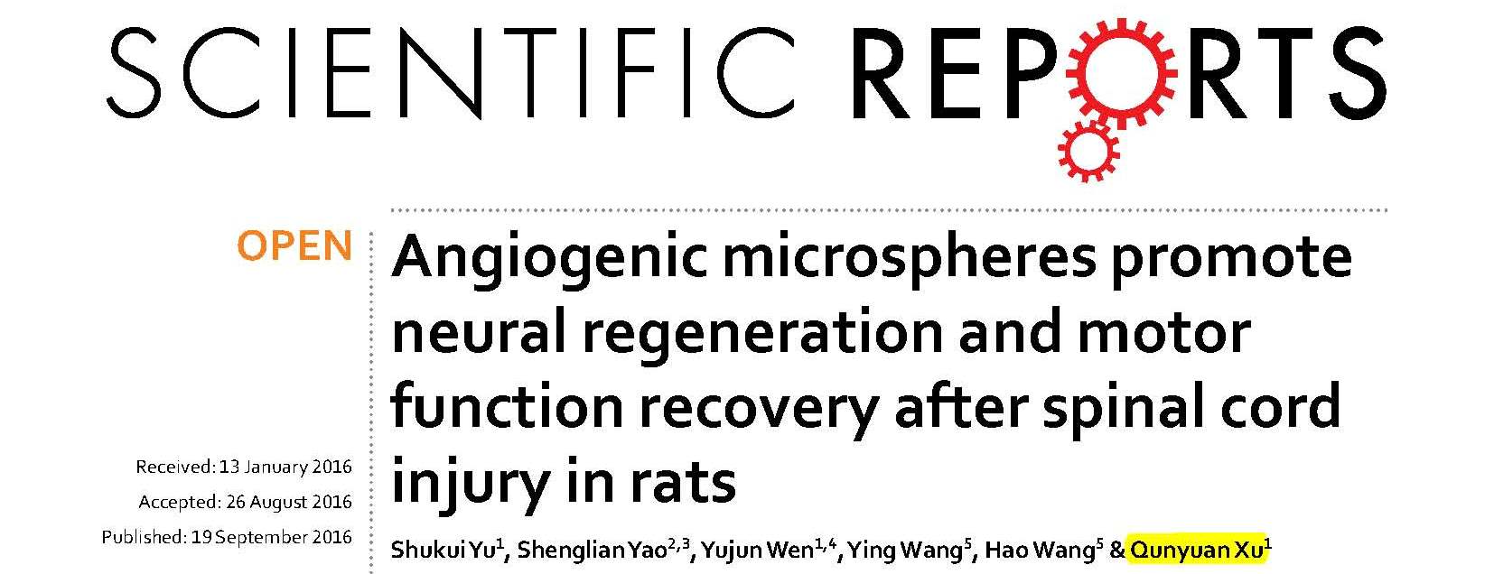 Xu QY and et al.	Angiogenic microspheres promote neural regeneration and motor function recovery after spinal cord injury in rats.	
